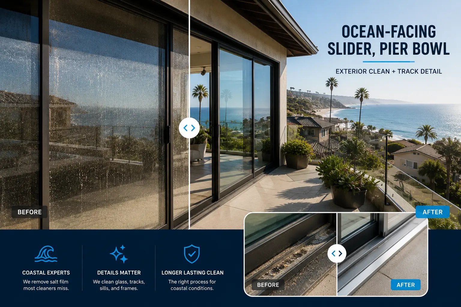 Ocean-facing slider, Pier Bowl — exterior clean + track detail