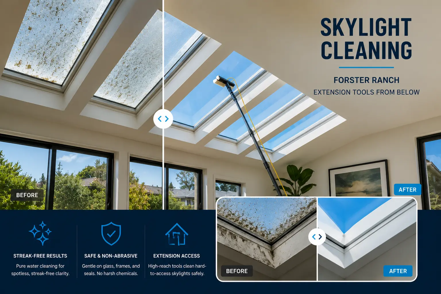 Skylight cleaning, Forster Ranch — extension tools from below