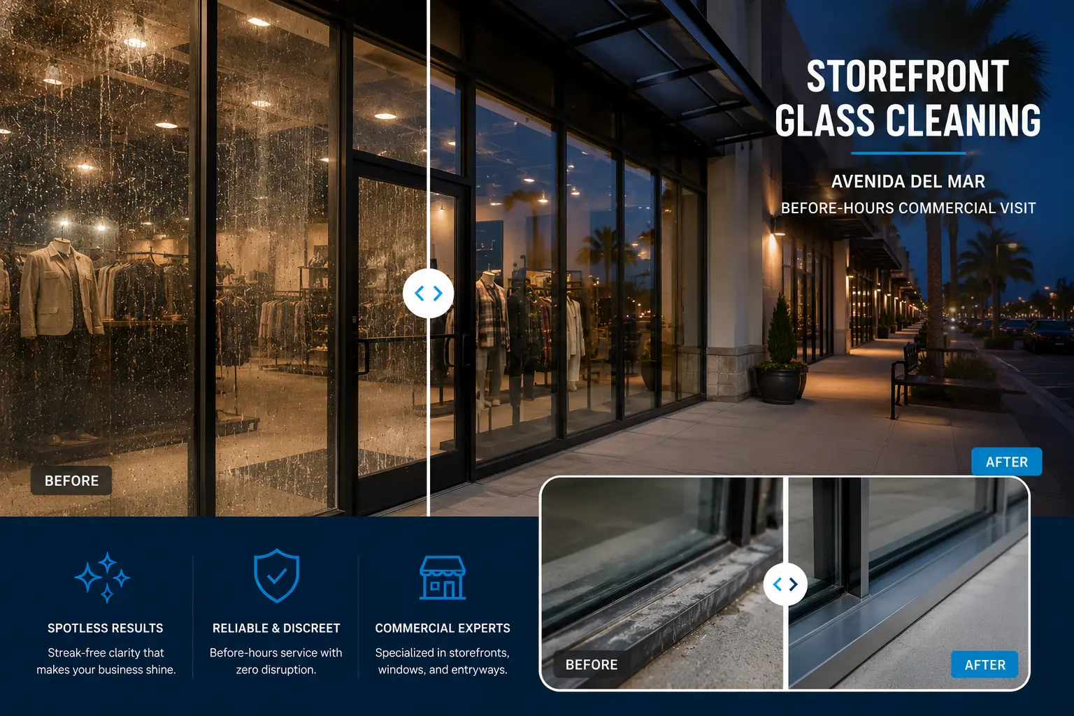 Storefront glass, Avenida Del Mar — before-hours commercial visit